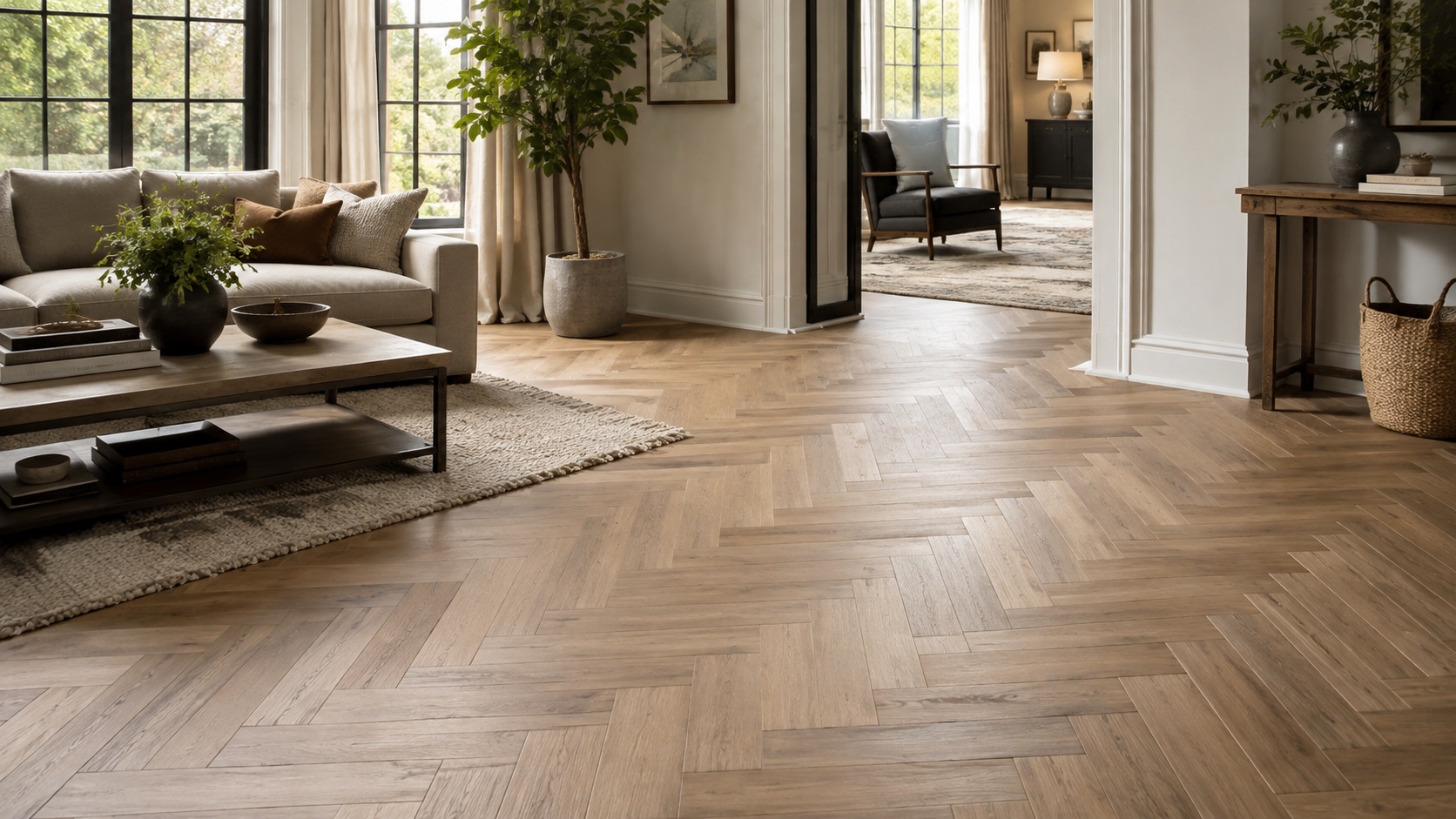 Herringbone flooring in Singapore featured in a bright modern home interior, showcasing warm natural timber tones and a classic parquet pattern.