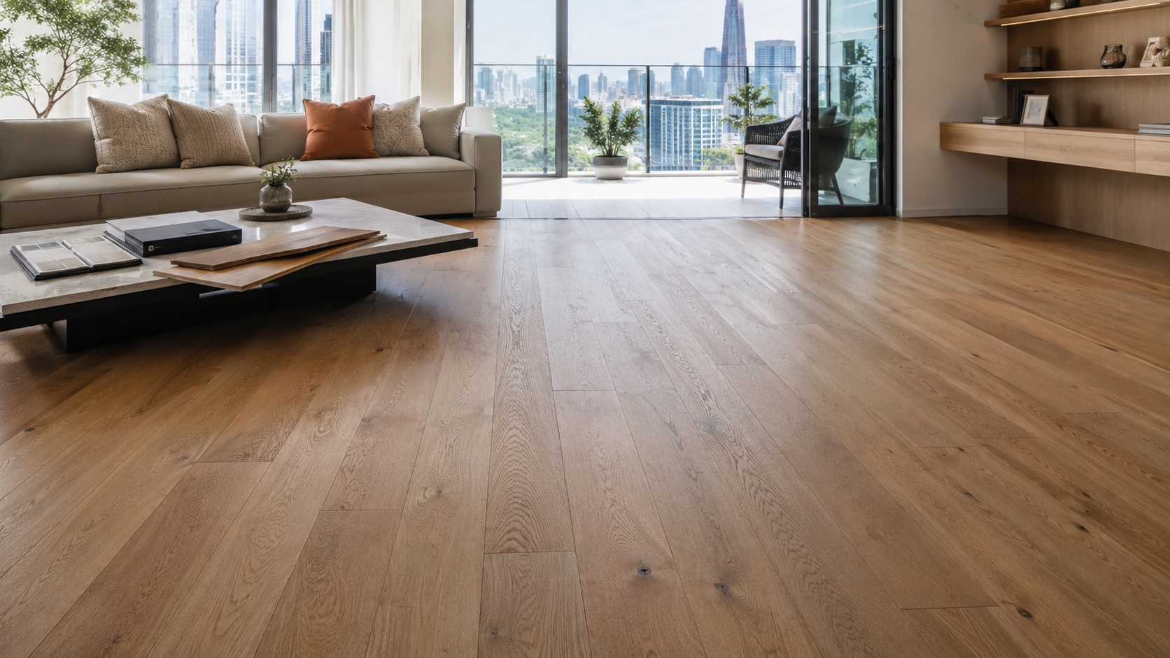 Modern living room showcasing hardwood flooring in Singapore with a clean contemporary interior and natural daylight
