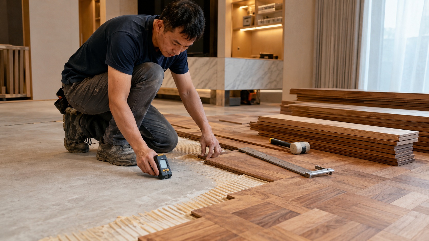 Professional installation of hardwood flooring in Singapore showing on-site fitting and workmanship in progress