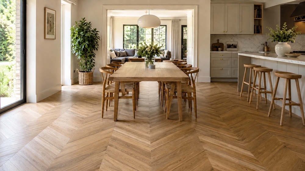 Herringbone Flooring vs Chevron Flooring comparison in a modern interior, highlighting the different wood floor patterns and layout styles.