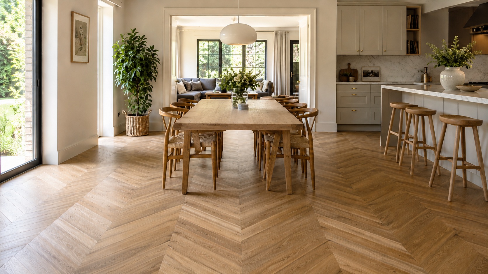 Herringbone Flooring vs Chevron Flooring comparison in a modern interior, highlighting the different wood floor patterns and layout styles.