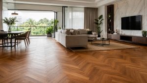 Elegant Singapore home featuring warm herringbone parquet flooring, showcasing the natural timber texture and timeless appeal of parquet flooring in Singapore.