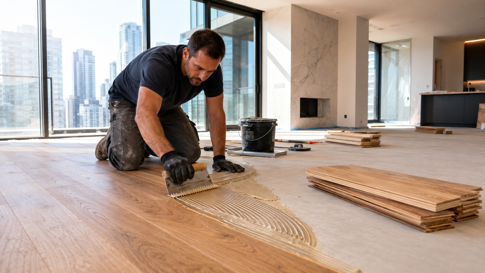 Professional installer applying adhesive for solid wood flooring in a modern residential interior during floor installation.