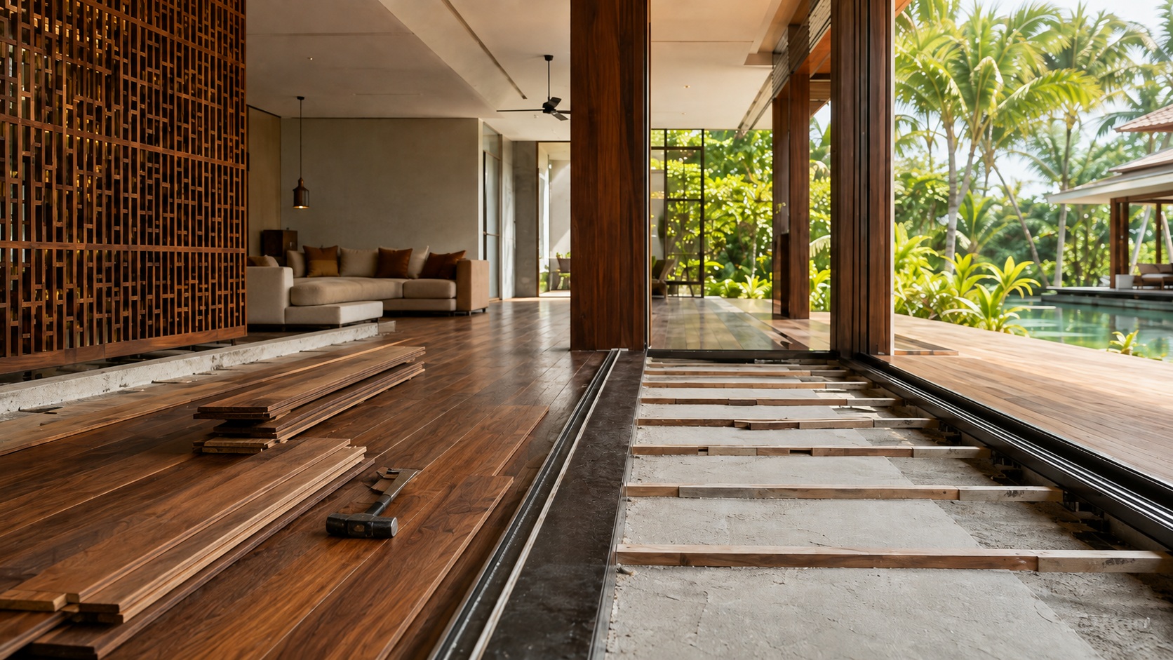Solid wood flooring installation over timber battens in a tropical home, showing the raised floor build-up and fixing method.