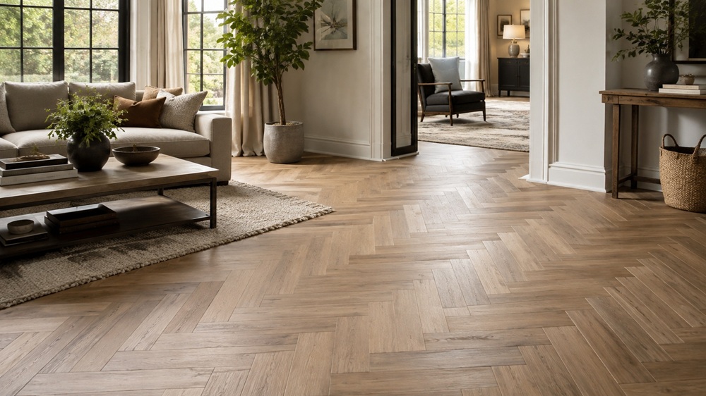Herringbone flooring in Singapore featured in a bright modern home interior, showcasing warm natural timber tones and a classic parquet pattern.