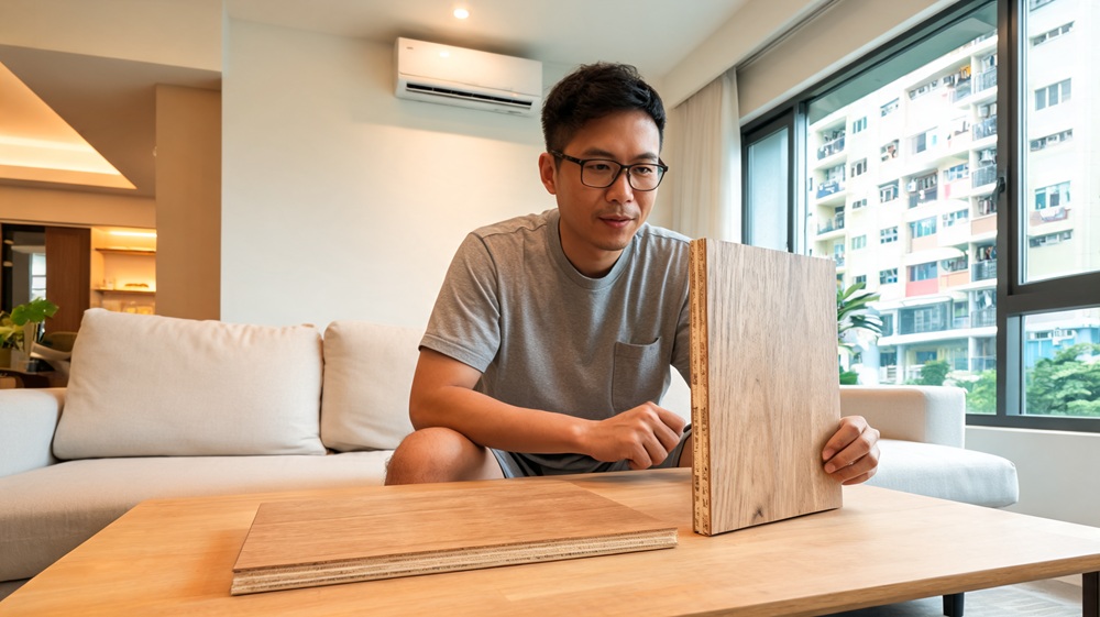 Man comparing engineered wood flooring samples in a Singapore apartment