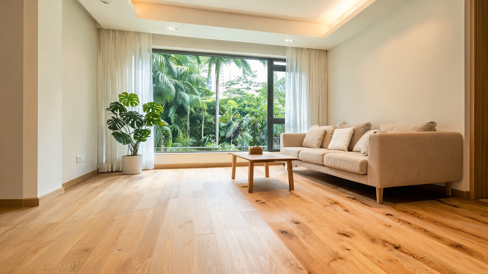 Modern living room with wood flooring highlighting wood flooring price in Singapore