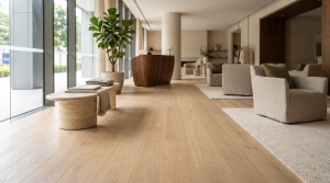Commercial timber flooring in Singapore: wide-plank white oak engineered floor in a sunlit boutique hotel lobby