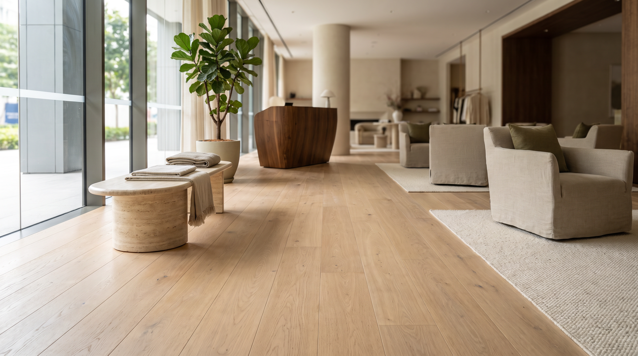 Commercial timber flooring in Singapore: wide-plank white oak engineered floor in a sunlit boutique hotel lobby