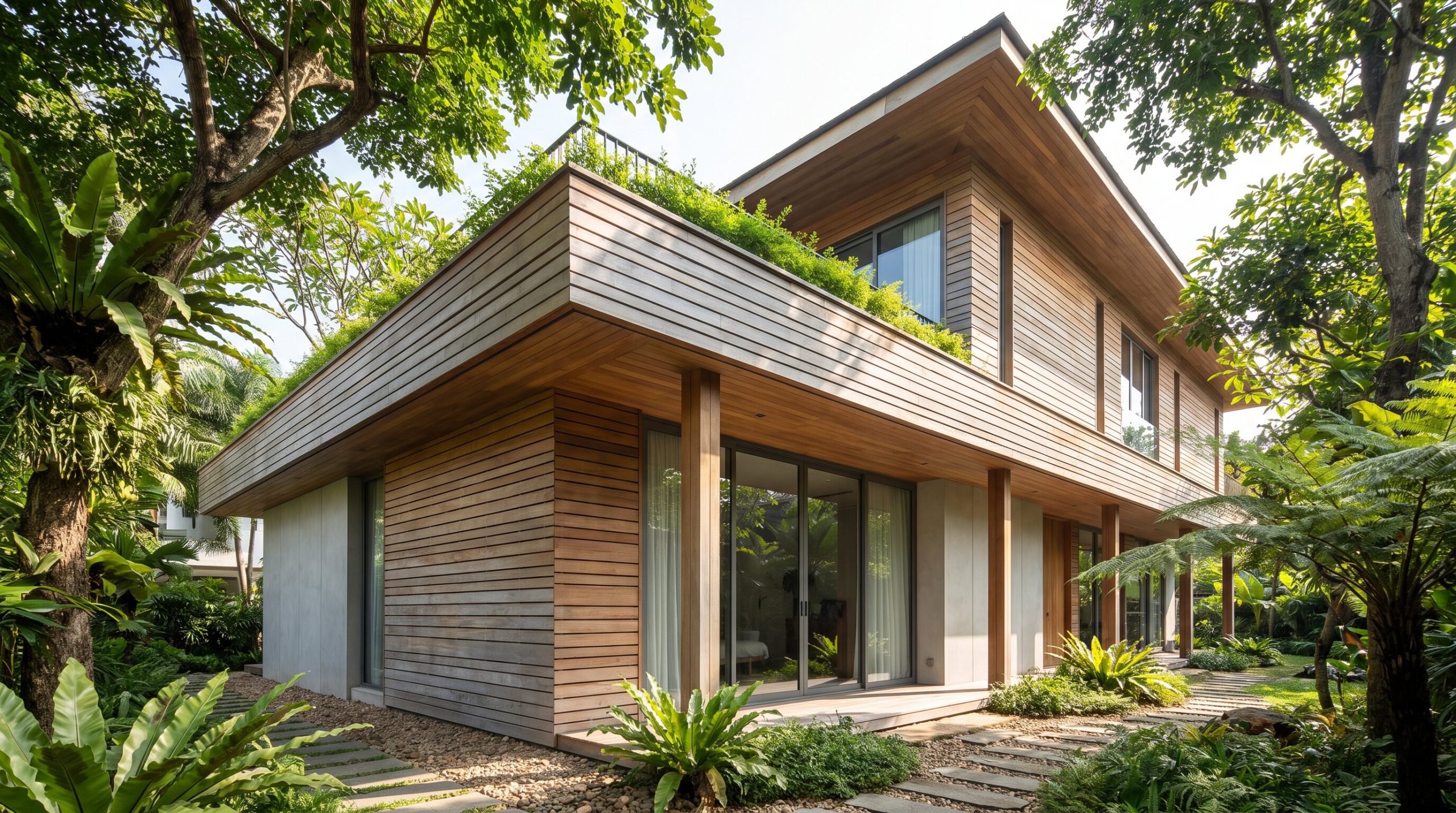 Sustainable hardwood timber cladding on the facade, eaves and columns of a tropical bungalow in Singapore
