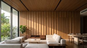 Timber feature wall with oak fluted wood wall panels and a slatted timber ceiling in a modern Singapore home