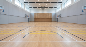 Empty school sports hall with a white oak sprung timber sports floor and multi-court line markings in Singapore
