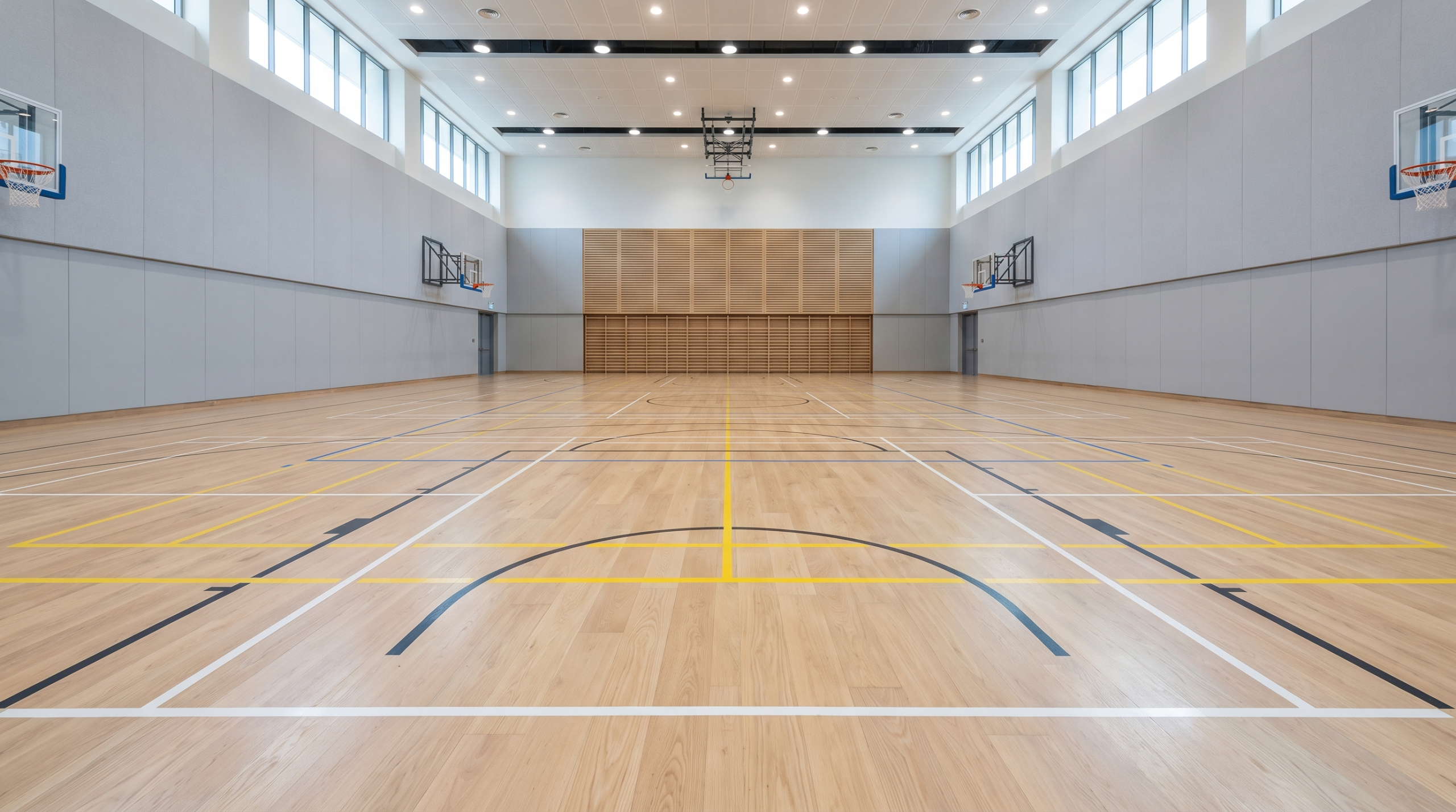 Empty school sports hall with a white oak sprung timber sports floor and multi-court line markings in Singapore