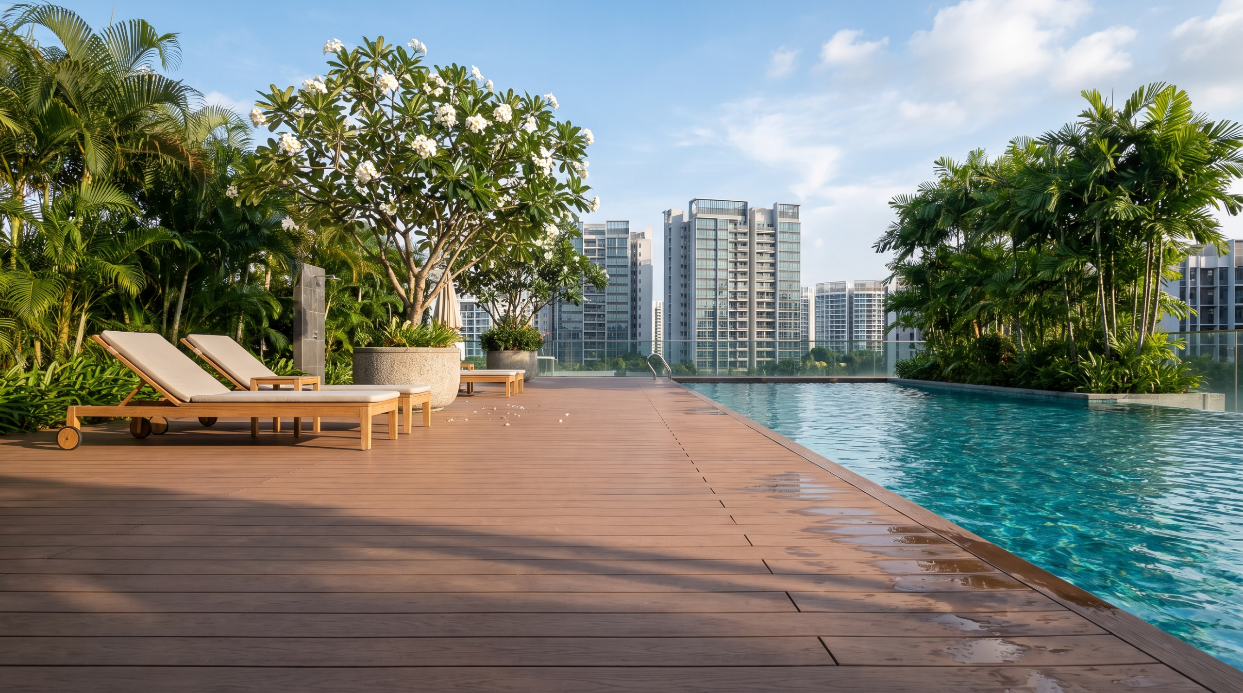 Composite decking around a condominium swimming pool in Singapore, with sun loungers, tropical plants and high-rise towers in the background