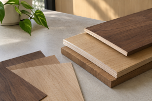 Wood veneer, solid timber and engineered wood samples stacked on a neutral surface, showcasing natural wood grains, layered edges and different finishes.