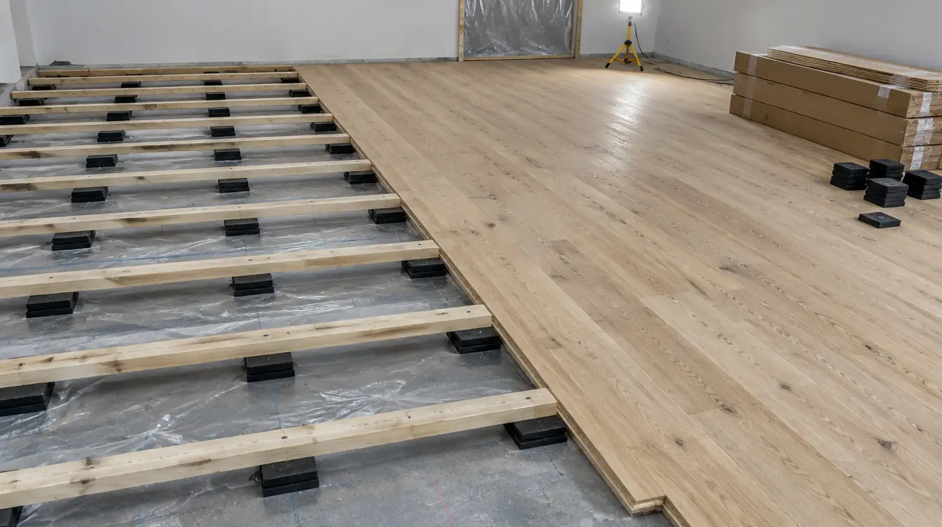 Partly installed sprung sports floor showing timber battens on rubber shock pads over a moisture barrier, next to laid oak floor boards