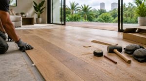 Installer fitting engineered wood flooring in a Singapore condo, with a timber deck balcony outside